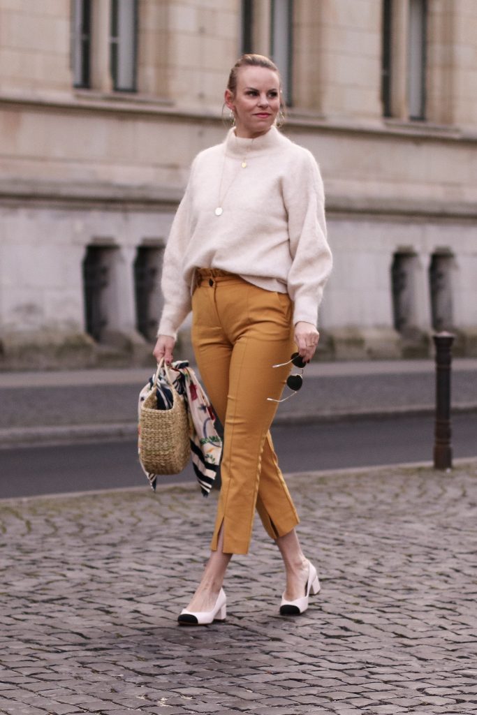 Frühlingsoutfit - Paperbaghose mit Chanel look a like Pumps und Korbtasche von Zara